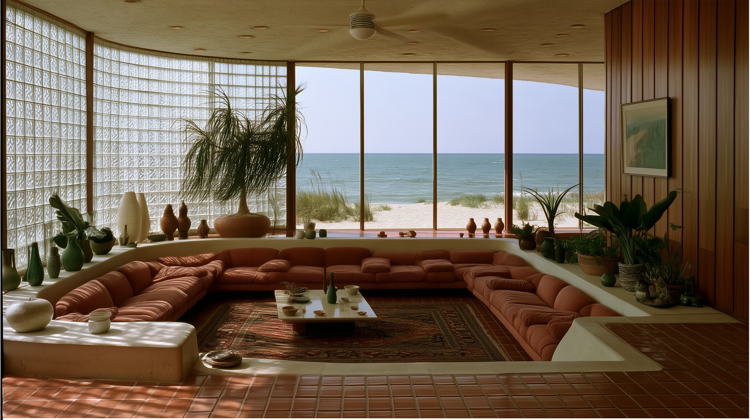 Interior of a 1970s coastal beach house at golden hour, with a floor-to-ceiling ocean view